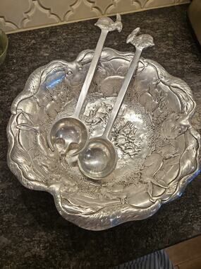 Vintage 1993 ARTHUR COURT silver EASTER rabbit Bunny 14” Serving BOWL and Spoons